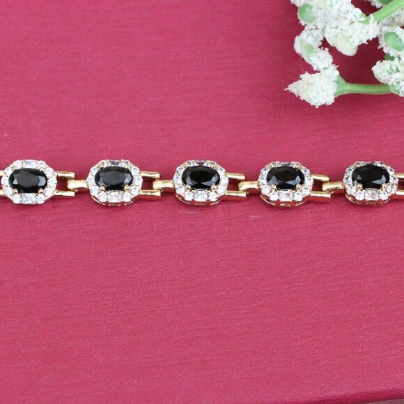 "Elegant Rose Gold Oval Black Stone Bracelet with Crystal Halos, XPBL0736 - Picture 12 of 12